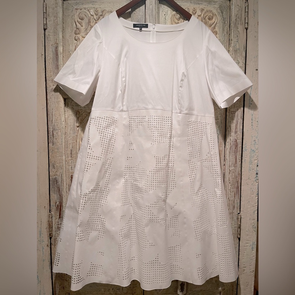 EUC Lafayette White Laser-Cut Floral Fit and Flare Dress /18W/